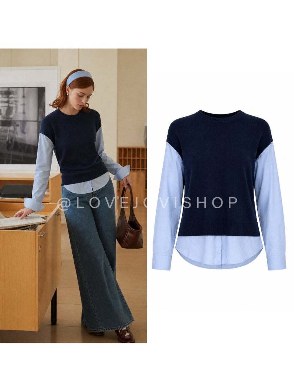 Academia | Ann Taylor Layered Sweater Shirt Navy Blue Button Down Combo | Cotton